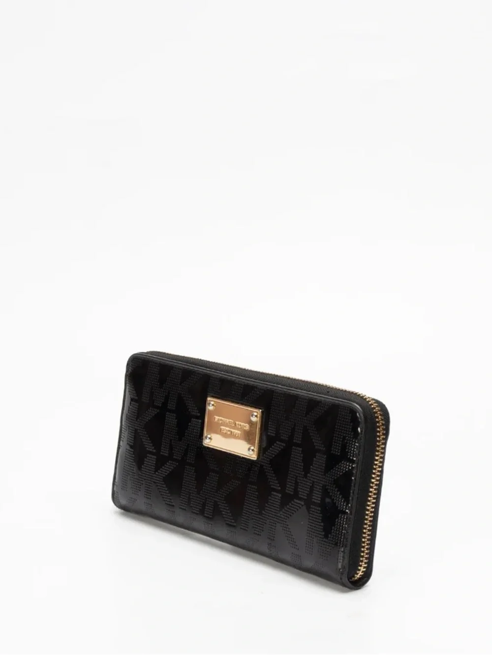 Michael Kors Black Patent Zip-Around Wallet with Gold Plaque